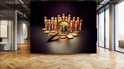 A magnifying glass focuses on a golden bitcoin surrounded by a group of wooden figures and other coins. Wall mural