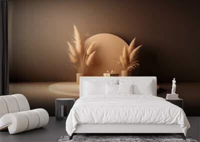 A minimalist, wood-toned display featuring a round wooden platform, two cylindrical vases holding dried pampas grass, a smaller circular platform and a wrapped gift box. Wall mural