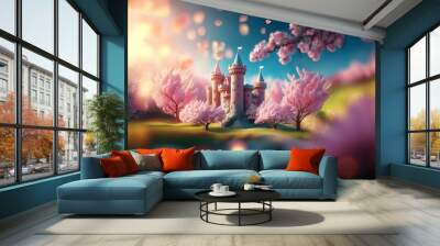 A pink castle surrounded by blooming trees, with a bright sun shining in the background. Wall mural