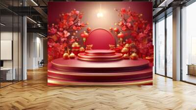 A red and gold podium with two decorative trees, lanterns and a circle of gold ornaments. Wall mural