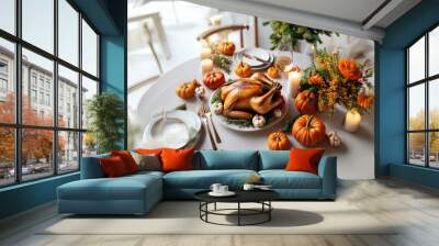 A roasted turkey with rosemary and gourds sits on a white table with candles, flowers, and wine. Wall mural