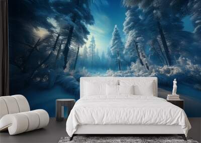 A snowy forest path winds through the trees, bathed in the blue light of a winter's day. Wall mural