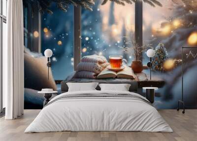 A warm cup of tea sits on an open book atop a wooden table, nestled inside a cozy window seat with a snowy view and twinkling lights outside. Wall mural