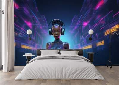 A woman with dark skin wears headphones and a futuristic silver outfit, posed against a blurred backdrop of neon lights. Wall mural