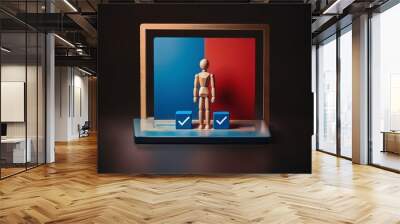 A wooden figurine stands in the center of a frame, facing two blue blocks with white check marks. Wall mural