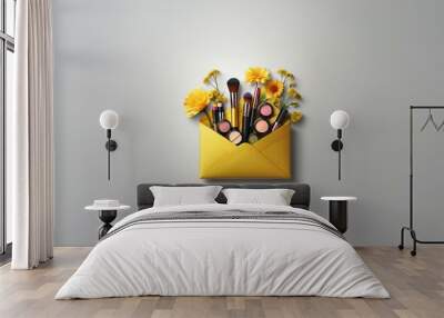 A yellow envelope with flowers and makeup brushes spilling out Wall mural