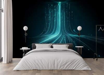 Abstract background of glowing lines and particles in a dark teal blue. Wall mural