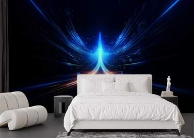 Abstract dark background with bright blue lines converging at center, creating a glowing V-shape, and hints of orange light. Wall mural