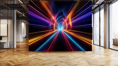 Abstract glowing neon lines form a tunnel with a bright light at the end. Wall mural