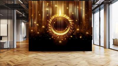 Abstract golden background with a glowing circular frame and streaks of light. Wall mural