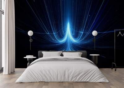 Abstract image of blue glowing lines converging into an arrow shape against a dark background. Wall mural