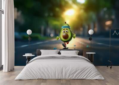 An avocado with a headband runs on a road with a bright blurry background. Wall mural