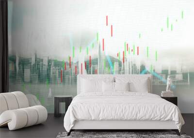 Businessman and Hong Kong city view with blue bull chart on background. double exposure
 Wall mural