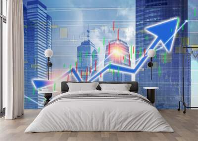 Composing with business building and stock chart (blue bull chart on background )  Wall mural