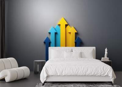 Five arrows pointing upwards, two are blue and three are yellow. The arrows are lined up against a gray background. Wall mural