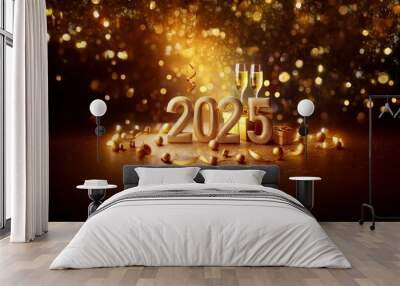 Golden 2025 in front of a bokeh background with two champagne flutes and festive decorations. Wall mural