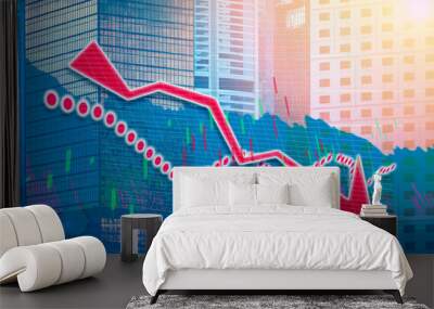 Stock index graph and chart in modern building background (red bear chart) Wall mural