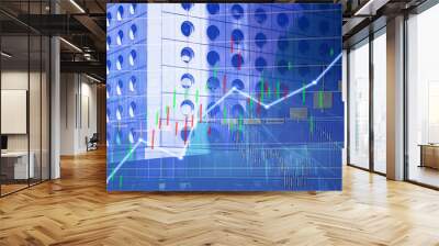 Stock market chart shown in financial building, business background. (blue bull chart) Wall mural