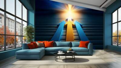 Three arrows, one yellow, two blue, point upwards towards a bright light and sunbeams in the sky. Wall mural