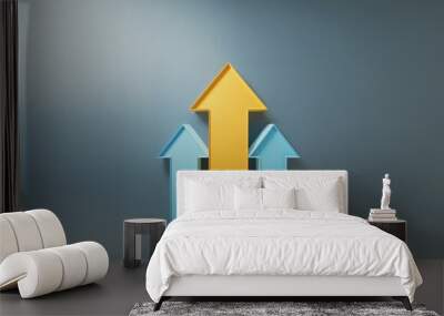 Three arrows point upwards on a grey background, the center arrow is yellow, and the two outer arrows are blue. Wall mural