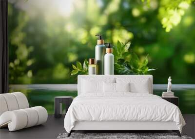 Three bottles of lotion and a small vial rest on a stone in a lush green natural setting. Wall mural