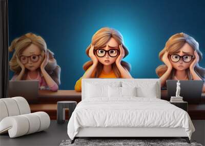 Three cartoon women wearing glasses are sitting at a desk, each with a laptop in front of them.  They all have their hands on their heads and look stressed. Wall mural