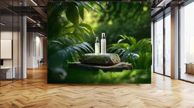 Two bottles of lotion on a mossy rock in a lush green forest. Wall mural