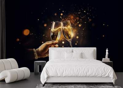 Two champagne flutes are held up in a toast, with sparkling golden bokeh behind them. Wall mural