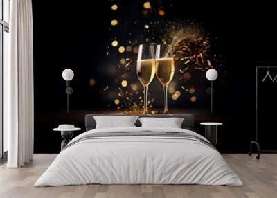 Two champagne flutes clink together, with sparkling golden confetti and bokeh lights raining down around them. Wall mural