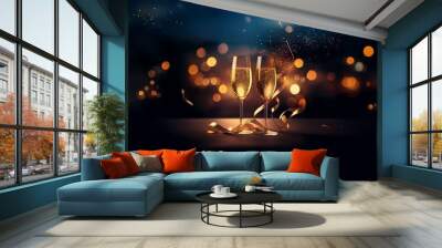 Two champagne flutes filled with bubbly on a dark surface, adorned with a golden ribbon and a backdrop of sparkling lights. Wall mural