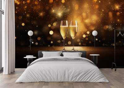 Two champagne flutes filled with bubbly on a table with sparkling lights in the background. Wall mural