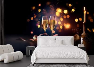 Two champagne flutes filled with bubbly rest on a table with a lit candle and festive decorations. Wall mural