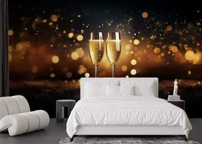 Two champagne flutes filled with bubbly sit on a dark surface with a sparkling bokeh background. Wall mural