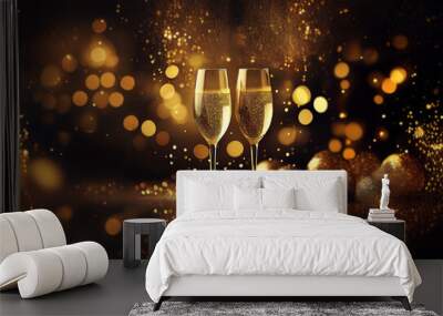 Two champagne flutes filled with bubbly stand against a backdrop of golden bokeh lights and sparkling confetti. Wall mural