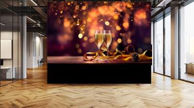 Two champagne flutes filled with sparkling liquid sit on a wooden surface, surrounded by a golden ribbon and warm bokeh lights. Wall mural