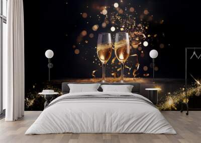 Two champagne flutes filled with sparkling wine and adorned with golden ribbon stand on a dark surface, surrounded by glittering bokeh and confetti. Wall mural