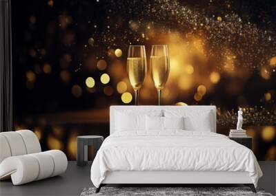 Two champagne flutes filled with sparkling wine sit on a wooden surface in front of a golden bokeh background with a golden ornament and pine sprigs. Wall mural