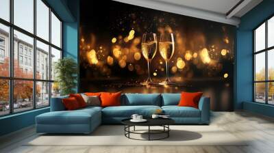 Two champagne flutes with golden liquid,  sparkling, on a dark background with bokeh lights. Wall mural