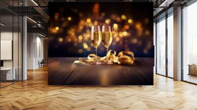 Two champagne glasses with golden ribbon on a dark wooden surface with a blurred background of sparkling lights. Wall mural