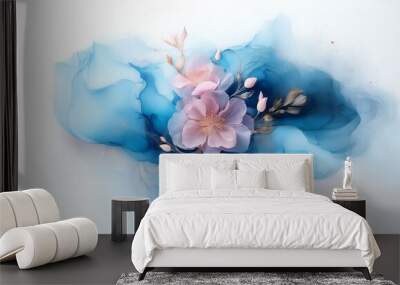 Two delicate pink flowers rest on a blue and white abstract ink painting. Wall mural