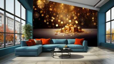 Two golden gift boxes and ornaments sit on a table with a blurred background of gold stars, lights, and sparkles. Wall mural