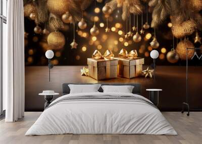 Two golden gift boxes with bows sit on a wooden table, with a glowing, star-studded background of golden ornaments. Wall mural