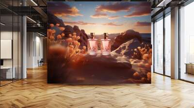 Two perfume bottles sit on a rock formation during a beautiful sunset. Wall mural