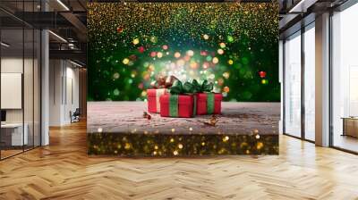 Two red wrapped gifts with green and gold bows on a white wooden table with a blurred green and gold sparkle background. Wall mural