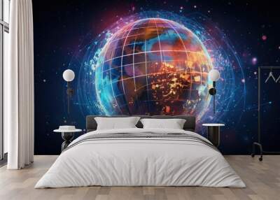 Abstract holographic globe surrounded by digital data streams, global connectivity Wall mural