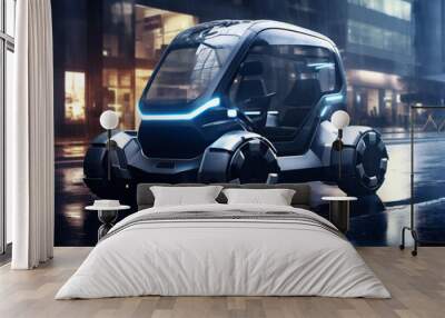 A futuristic vehicle driving through a city. Wall mural