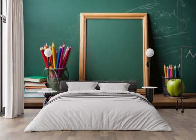 back to school green chalkboard blackboard on the table Wall mural