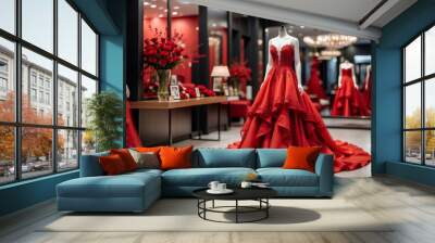 Beautiful red dresses for sale in luxury modern shop boutique Wall mural