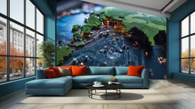 green earth growth in computer circuit board, innovation and sustainability concept Wall mural