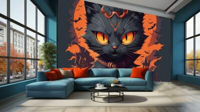 halloween cats with pumpkins and bats vector illustration, generative ai Wall mural